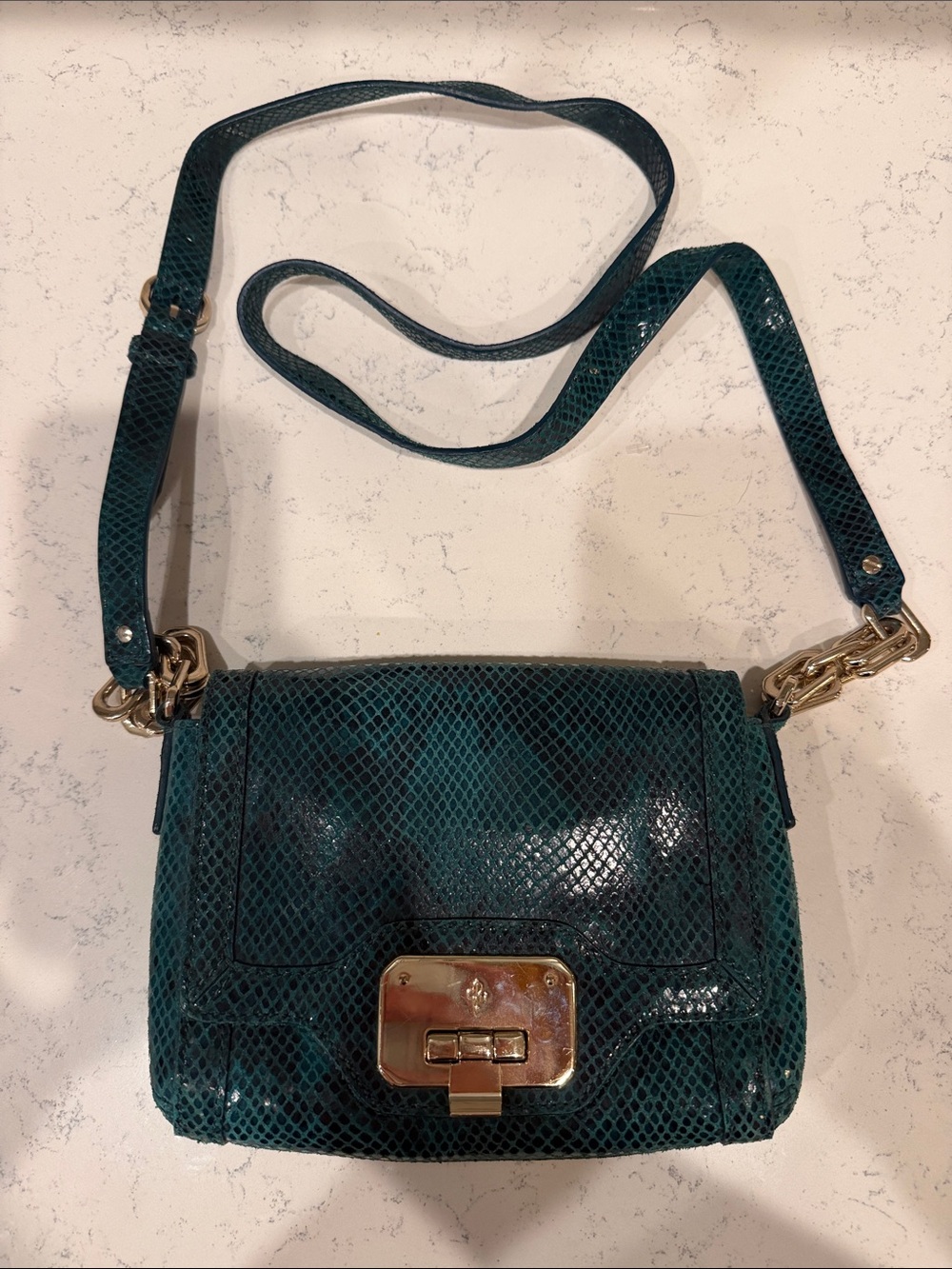 Cole Haan Green Snake-Embossed Leather Crossbody Bag with Gold Hardware